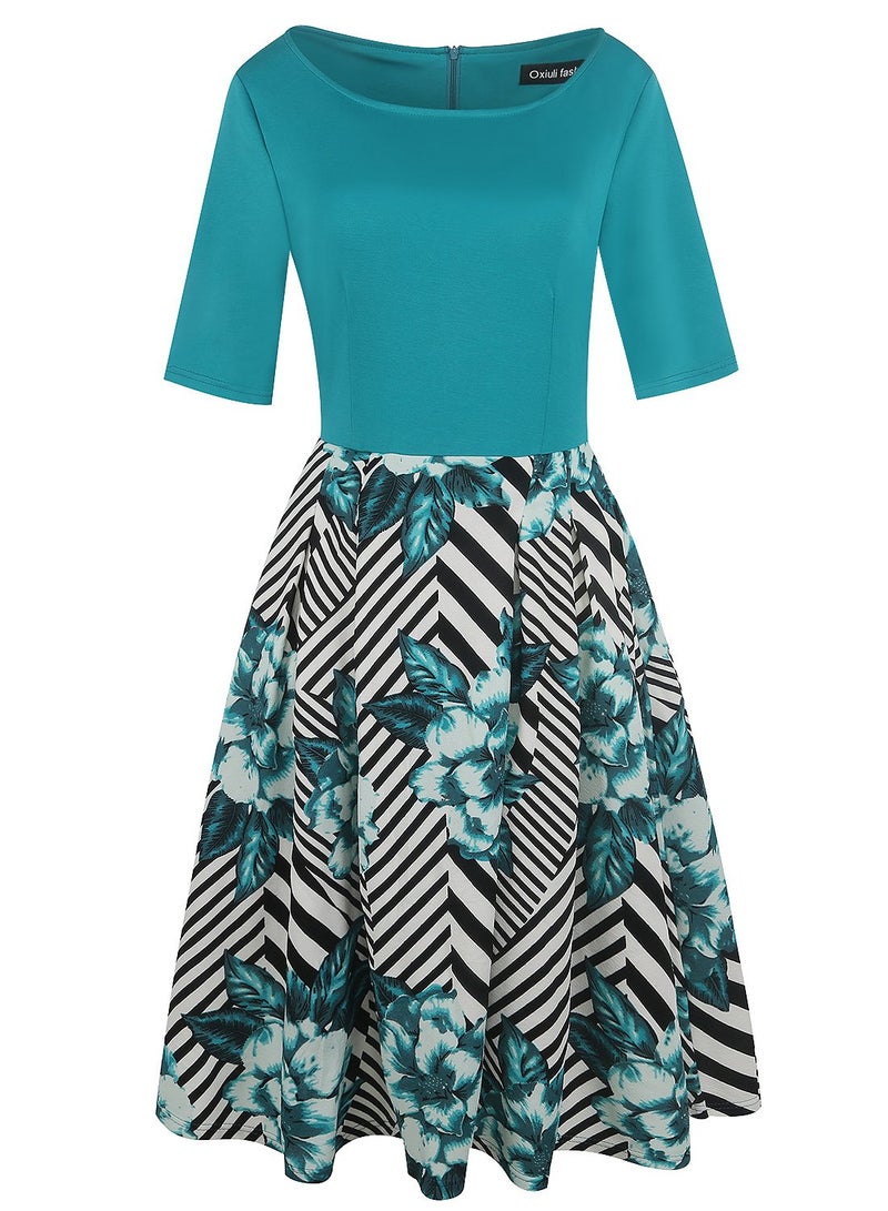 oxiuly Women's Vintage Patchwork Pockets Puffy Swing Casual Party Dress OX165 (Green, x_l) - Image 3
